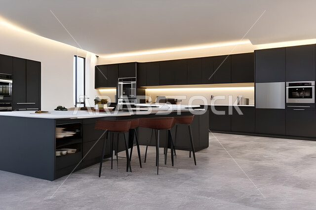 تصميم داخلي لمطبخ داخل شقة في مجمع سكني فاخر، شقق سكنية سياحية، تصاميم عصرية وجذابة، شقق سكنية راقية،