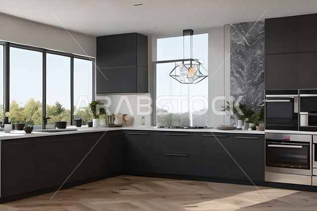 تصميم داخلي لمطبخ داخل شقة في مجمع سكني فاخر، شقق سكنية سياحية، تصاميم عصرية وجذابة، شقق سكنية راقية،