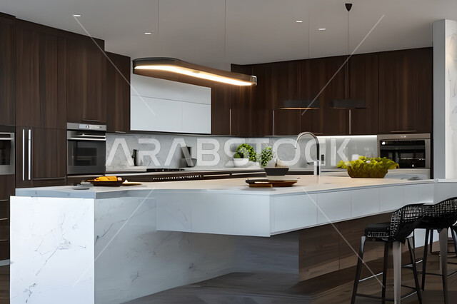 تصميم داخلي لمطبخ داخل شقة في مجمع سكني فاخر، شقق سكنية سياحية، تصاميم عصرية وجذابة، شقق سكنية راقية،