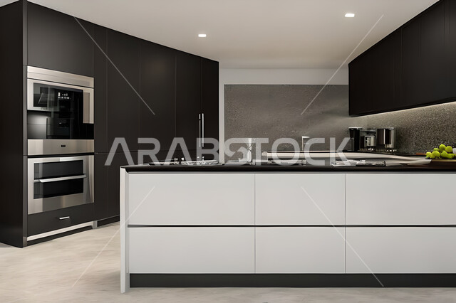 تصميم داخلي لمطبخ داخل شقة في مجمع سكني فاخر، شقق سكنية سياحية، تصاميم عصرية وجذابة، شقق سكنية راقية،