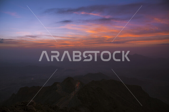 Mountain road in Taif, Saudi Arabia at sunset, mountain pass, mountains and rocky heights, mountain peaks, rock formations, mountainous terrain, mountainous nature