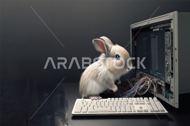 صورة مقربة لارنب ابيض يقف امام صندوق الحاسوب، لوحة المفاتيح، الذكاء الاصطناعي، رسوم ثلاثية الابعاد، اسلاك الكمبيوتر، خلفية رمادية