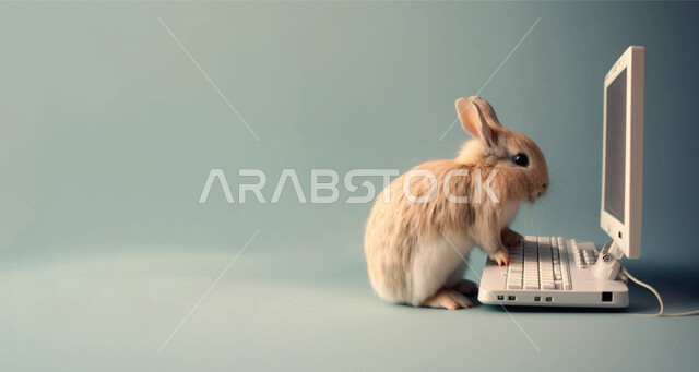 Cute white rabbit standing in front of a computer screen, keyboard, artificial intelligence, 3D graphics, computer screen, white background