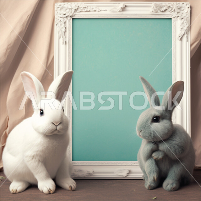 Frame for an empty frame, cute rabbits, luxurious decorations and designs, a white frame, a frame with a blue background