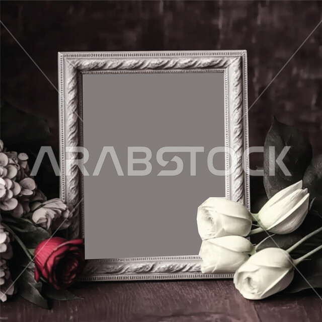 An empty frame with a gray background, designs and decorations, decorative flowers, a white rectangular frame, a design template, an empty frame