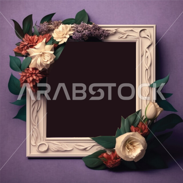 برواز فارغ محاط بورود الزينة، تصميمات وديكورات جذابة، اطار ابيض مربع، قالب تصميم، برواز فارغ، جدار بنفسجي اللون