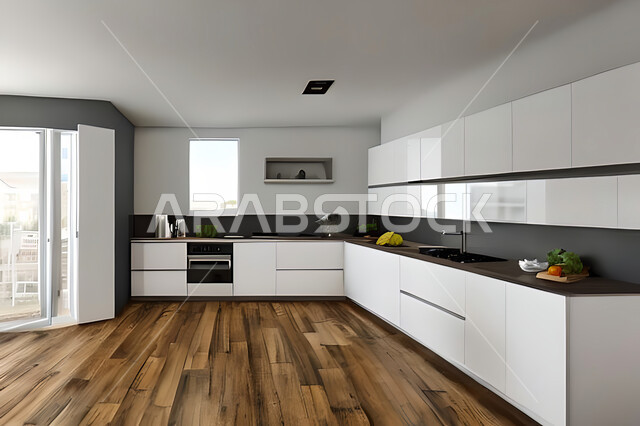 Interior design of a kitchen inside a residential apartment, interior designs and decorations, modern engineering architectural design, residential apartments with modern designs