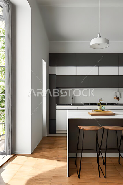 تصميم داخلي لمطبخ داخل شقة سكنية ، تصاميم وديكورات داخلية ، تصميم معماري هندسي حديث ، شقق سكنية بتصاميم عصرية