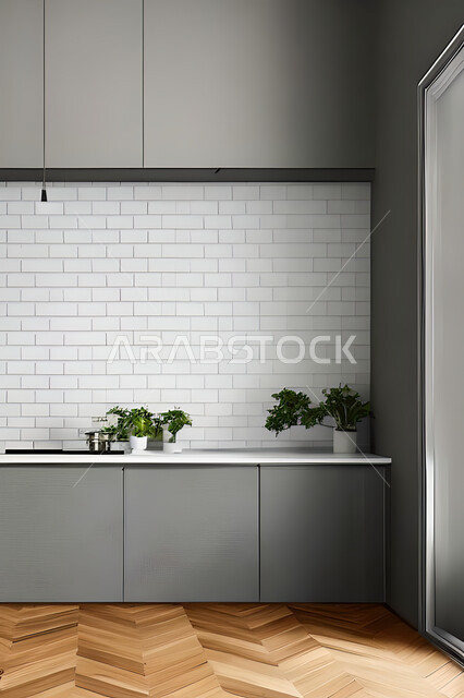 Interior design of a kitchen inside a residential apartment, interior designs and decorations, modern engineering architectural design, residential apartments with modern designs