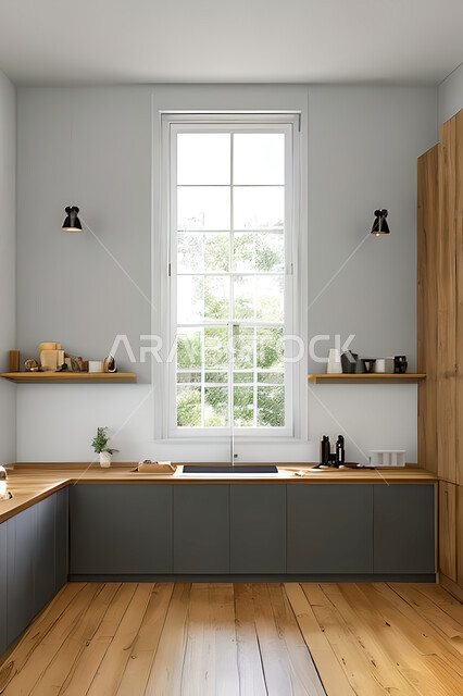 Interior design of a kitchen inside a residential apartment, interior designs and decorations, modern engineering architectural design, residential apartments with modern designs