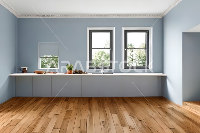 Interior design of a kitchen inside a residential apartment, interior designs and decorations, modern engineering architectural design, residential apartments with modern designs