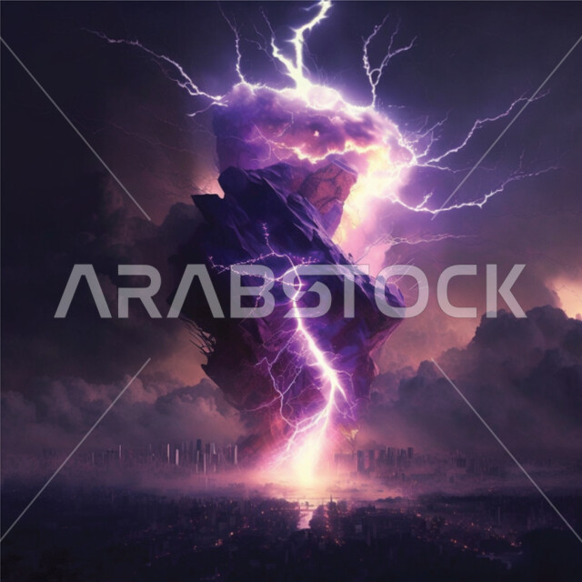 رسوم ثلاثية الابعاد لعاصفة رعدية تضرب الارض، الطقس والكوارث الطبيعية، ظواهر طبيعية، الرعد والبرق، سماء ملبدة بالسحب، اجواء شتوية