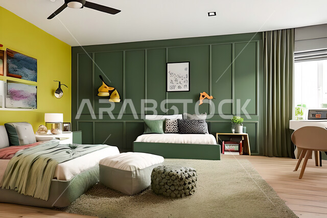 Bedroom with a modern modern design, interior decorations, luxurious home furniture, elegant modern designs, apartments and villas, luxury hotels and resorts