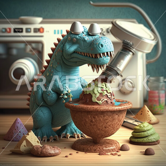 مجسم كرتوني ثلاثي الابعاد لديناصور يصنع الايسكريم في المطبخ, رسوم كرتونيه, كاريكاتير ثلاثي الابعاد, ألعاب فيديو