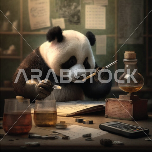 رسوم كرتونيه ثلاثية الأبعاد لحيوان الباندا يقوم بتجارب علميه, صور كرتونيه, حيوان الباندا, كاريكاتير ثلاثي الابعاد