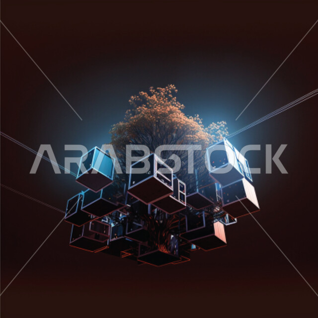 تصميم ثلاثي الابعاد لشجره يتدلى منها صناديق, تكنولوجيا الزراعه, الزراعه الحديثه, مستقبل الزراعه, خلفيه سوداء