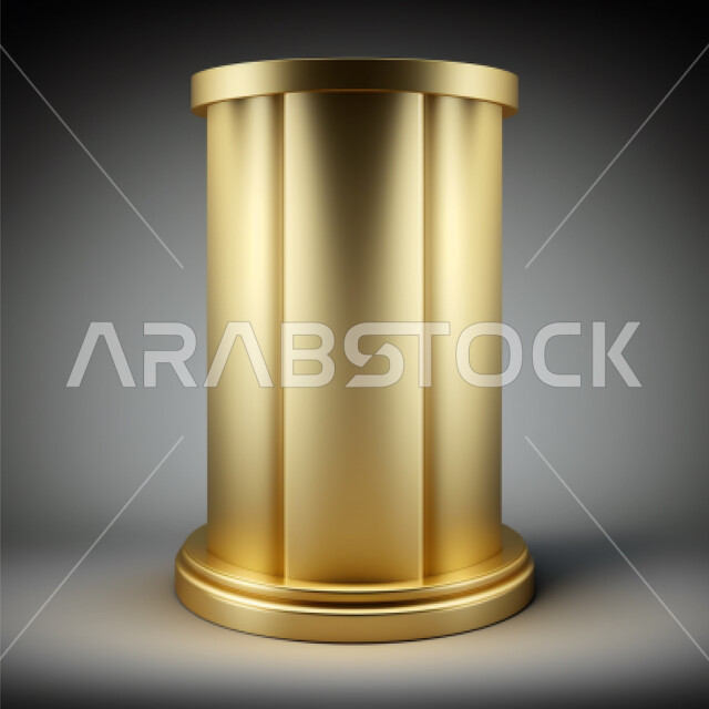 Three-dimensional golden cylindrical model, display stand, advertising platform, product display, black background
