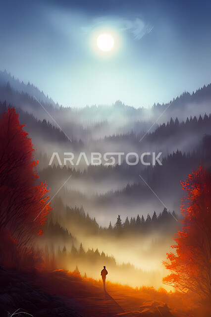 تصميم ثلاثي الابعاد للغابات وسط الجبال, الأشجار والنباتات, غروب وشروق الشمس, مناظر طبيعيه, خلفية الطبيعه