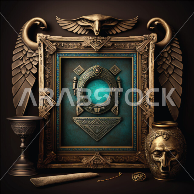 إطار فارغ مزخرف بقطع أثرية فريدة من نوعها ذات قيمة فنية عالية ، إطار نحاسي ، أنتيكا وتحف