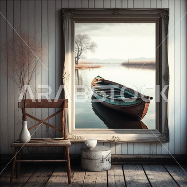 A wooden frame containing a picture of a small boat in the water hanging on the wall next to a chair, a painting, exhibitions and art
