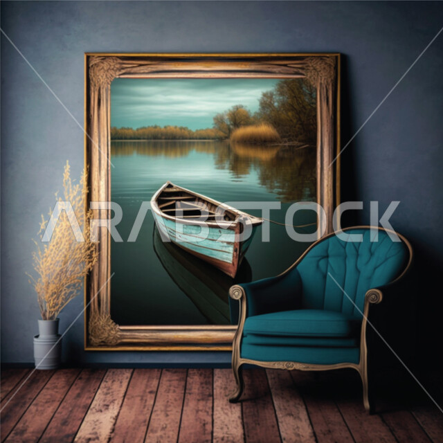 A wooden frame containing a picture of a small boat in the water hanging on the wall next to a chair, a painting, exhibitions and art