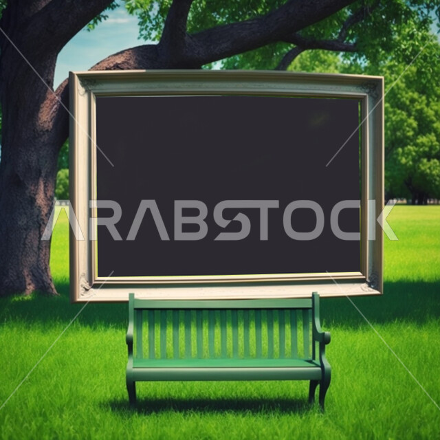Blank frame on a metal bench outside in the yard by a tree, nature background, outdoor photo session, green nature