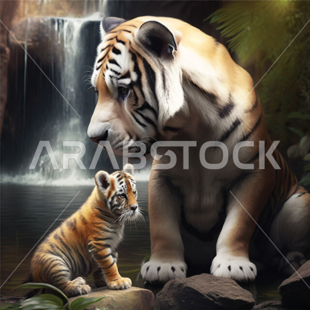 شبل النمر برفقة والدته على صخرة بالقرب من شلال ، حيوان النمر ، كاريكاتير ثلاثي الأبعاد ، صور كرتونية ، خلفيات كرتونية