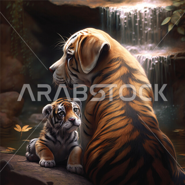 شبل النمر برفقة والدته على صخرة بالقرب من شلال ، حيوان النمر ، كاريكاتير ثلاثي الأبعاد ، صور كرتونية ، خلفيات كرتونية