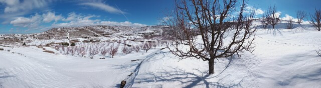 Landscape panorama photo, winter nature background, white snow