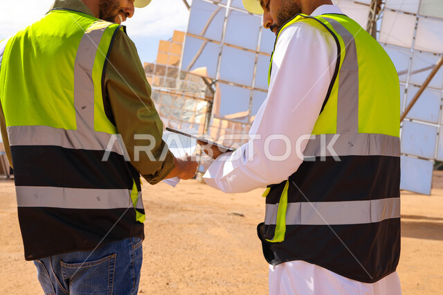 مهندسان عربيان خليجيان سعوديان يشرفان على محطات الطاقة الشمسية ، إرتداء خوذة وسترة الحماية ، الإشراف على العمل، ستلايت، أنظمة الطاقة الشمسية، الطاقة المتجددة، ألواح شمسيه 