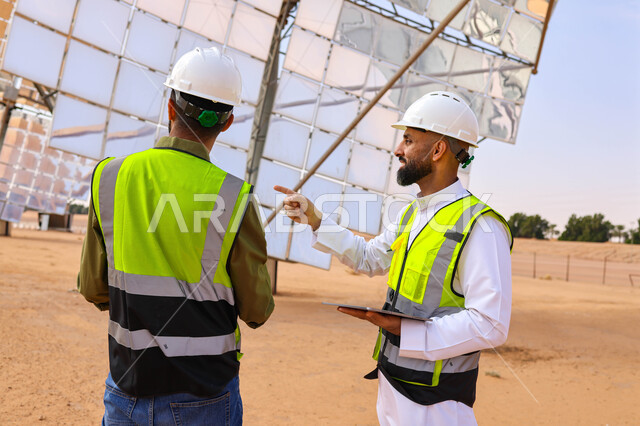 مهندسان عربيان خليجيان سعوديان يشرفان على محطات الطاقة الشمسية ، إرتداء خوذة وسترة الحماية ، الإشراف على العمل، ستلايت، أنظمة الطاقة الشمسية، الطاقة المتجددة، ألواح شمسيه 