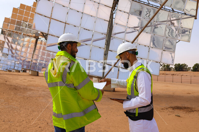 مهندسان عربيان خليجيان سعوديان يشرفان على محطات الطاقة الشمسية ، إرتداء خوذة وسترة الحماية ، الإشراف على العمل، ستلايت، أنظمة الطاقة الشمسية، الطاقة المتجددة، ألواح شمسيه 