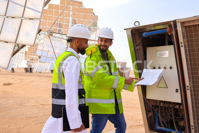 Two Saudi Arabian Gulf engineers supervising solar power plants, wearing a helmet and protection jacket, supervising work, satellite, solar energy systems, renewable energy, solar panels