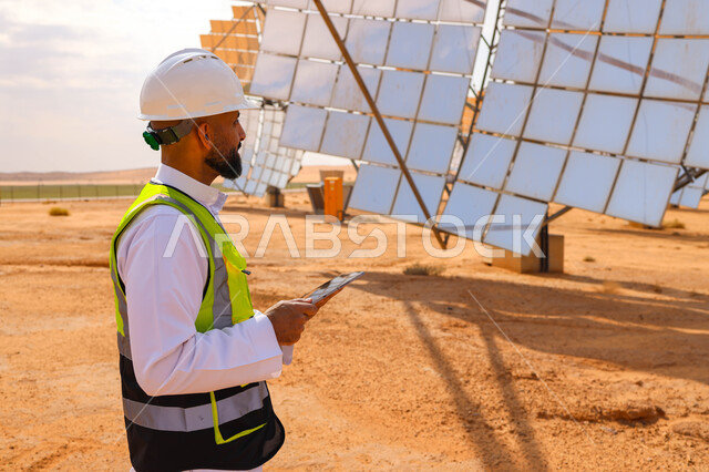 مهندس عربي خليجي سعودي، يرتدي الخوذة وسترة الحماية، يحمل بيده جهاز تقني، التدقيق والإشراف على العمل، مفهوم هندسة الطاقة، مهن ووظائف سعودية، محطات الطاقة الشمسية، ألياف شمسية، ستلايت