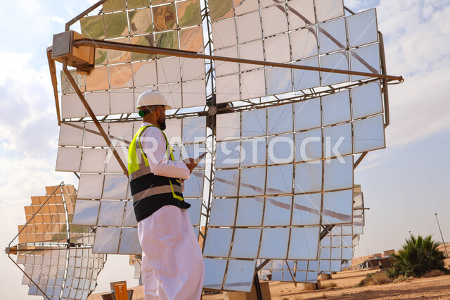 مهندس عربي خليجي سعودي، يرتدي الخوذة وسترة الحماية، يحمل بيده جهاز تقني، التدقيق والإشراف على العمل، مفهوم هندسة الطاقة، مهن ووظائف سعودية، محطات الطاقة الشمسية، ألياف شمسية، ستلايت