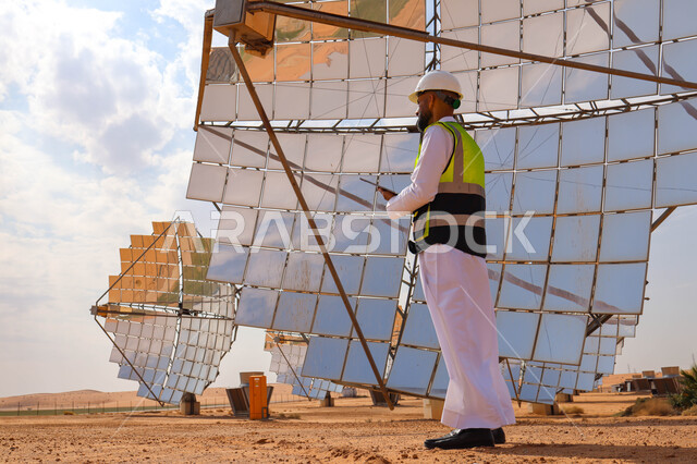 مهندس عربي خليجي سعودي، يرتدي الخوذة وسترة الحماية، يحمل بيده جهاز تقني، التدقيق والإشراف على العمل، مفهوم هندسة الطاقة، مهن ووظائف سعودية، محطات الطاقة الشمسية، ألياف شمسية، ستلايت