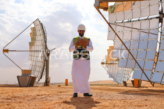 مهندس عربي خليجي سعودي، يرتدي الخوذة وسترة الحماية، يحمل بيده جهاز تقني، التدقيق والإشراف على العمل، مفهوم هندسة الطاقة، مهن ووظائف سعودية، محطات الطاقة الشمسية، ألياف شمسية، ستلايت