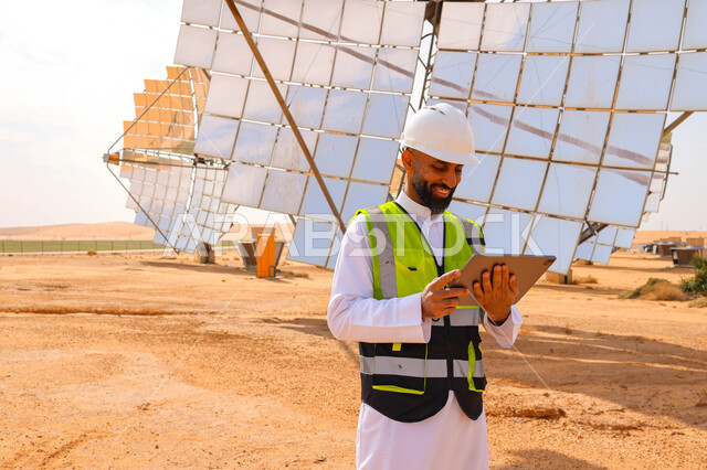 مهندس عربي خليجي سعودي، يرتدي الخوذة وسترة الحماية، يحمل بيده جهاز تقني، التدقيق والإشراف على العمل، مفهوم هندسة الطاقة، مهن ووظائف سعودية، محطات الطاقة الشمسية، ألياف شمسية، ستلايت