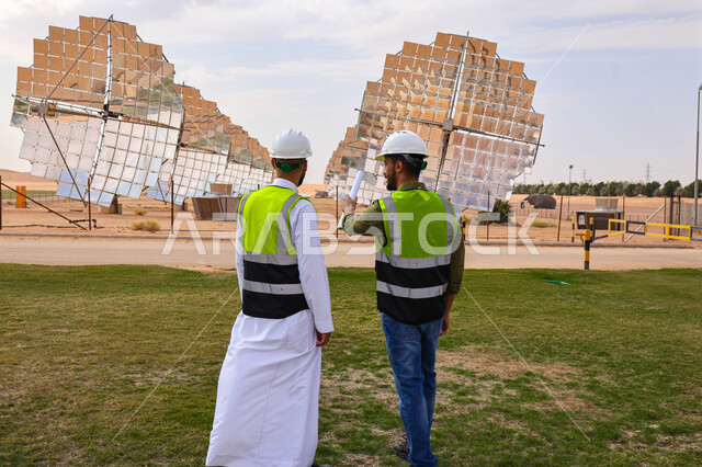 مهندسان عربيان خليجيان سعوديان يشرفان على محطات الطاقة الشمسية ، إرتداء خوذة وسترة الحماية ، الإشراف على العمل، ستلايت، أنظمة الطاقة الشمسية، الطاقة المتجددة، ألواح شمسيه 