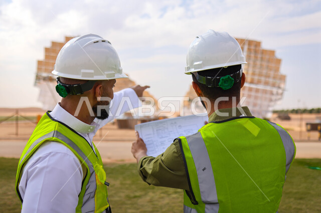 مهندسان عربيان خليجيان سعوديان يشرفان على محطات الطاقة الشمسية ، إرتداء خوذة وسترة الحماية ، الإشراف على العمل، ستلايت، أنظمة الطاقة الشمسية، الطاقة المتجددة، ألواح شمسيه 