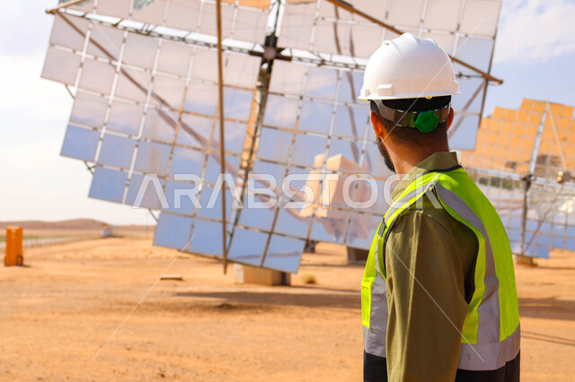 مهندس عربي خليجي سعودي، يرتدي الخوذة وسترة الحماية، التدقيق والإشراف على العمل، مفهوم هندسة الطاقة، مهن ووظائف سعودية، محطات الطاقة الشمسية، ألياف شمسية، ستلايت