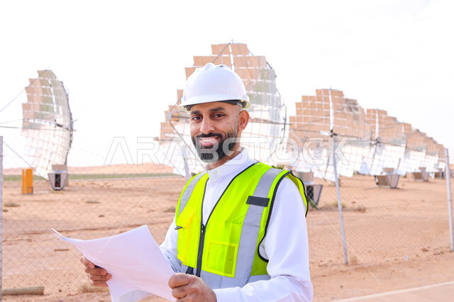 مهندس عربي خليجي سعودي، يرتدي الخوذة وسترة الحماية، يحمل بيده مخططات وتصاميم هندسية، التدقيق والإشراف على العمل، مفهوم هندسة الطاقة، مهن ووظائف سعودية، محطات الطاقة الشمسية، ألياف شمسية، ستلايت