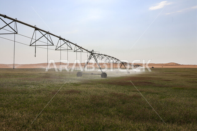 Future irrigation machines and equipment in an agricultural field in the Kingdom of Saudi Arabia, agricultural lands and fields, taking care of trees and green plants, pivot irrigation arms