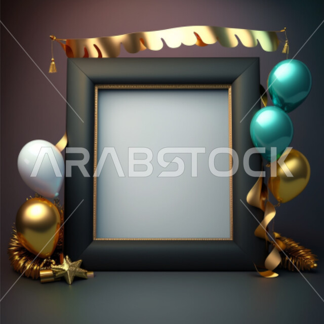 تصميم برواز ثلاثي الابعاد فارغ بخلفية رمادية، ديكورات، بالونات ملونه ، اطار اسود مستطيل، قالب تصميم، برواز فارغ