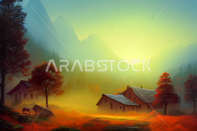 تصميم ثلاثي الابعاد للغابات وسط الجبال, الأشجار والنباتات, غروب وشروق الشمس, مناظر طبيعيه, خلفية الطبيعه