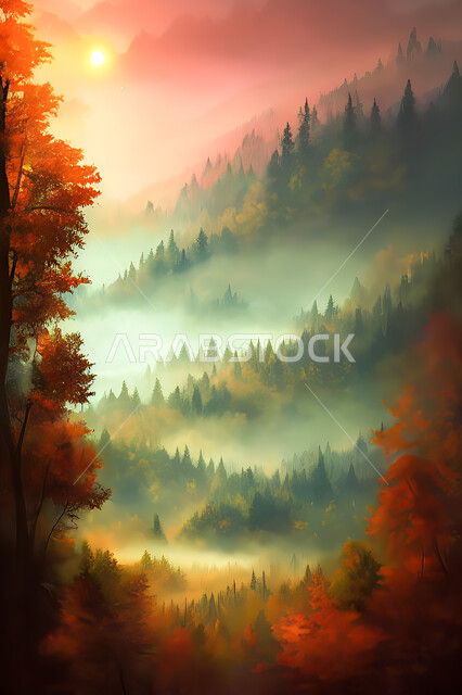 تصميم ثلاثي الابعاد للغابات وسط الجبال, الأشجار والنباتات, غروب وشروق الشمس, مناظر طبيعيه, خلفية الطبيعه