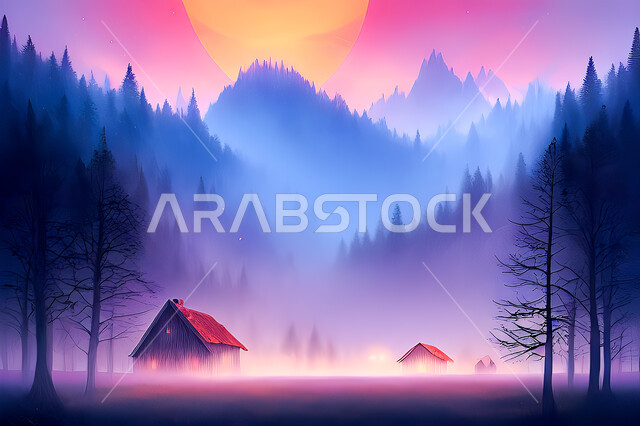 تصميم ثلاثي الابعاد للغابات وسط الجبال, الأشجار والنباتات, غروب وشروق الشمس, مناظر طبيعيه, خلفية الطبيعه