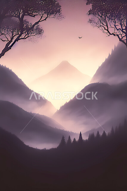 تصميم ثلاثي الابعاد للغابات وسط الجبال, الأشجار والنباتات, غروب وشروق الشمس, مناظر طبيعيه, خلفية الطبيعه