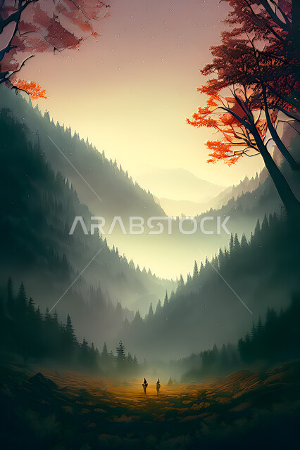 تصميم ثلاثي الابعاد للغابات وسط الجبال, الأشجار والنباتات, غروب وشروق الشمس, مناظر طبيعيه, خلفية الطبيعه