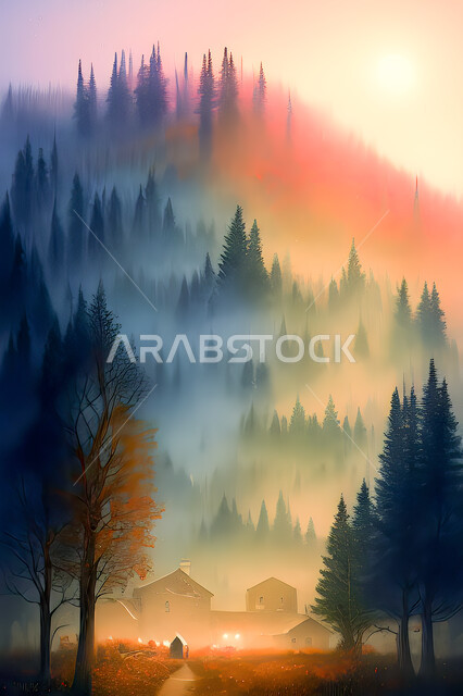 تصميم ثلاثي الابعاد للغابات وسط الجبال, الأشجار والنباتات, غروب وشروق الشمس, مناظر طبيعيه, خلفية الطبيعه